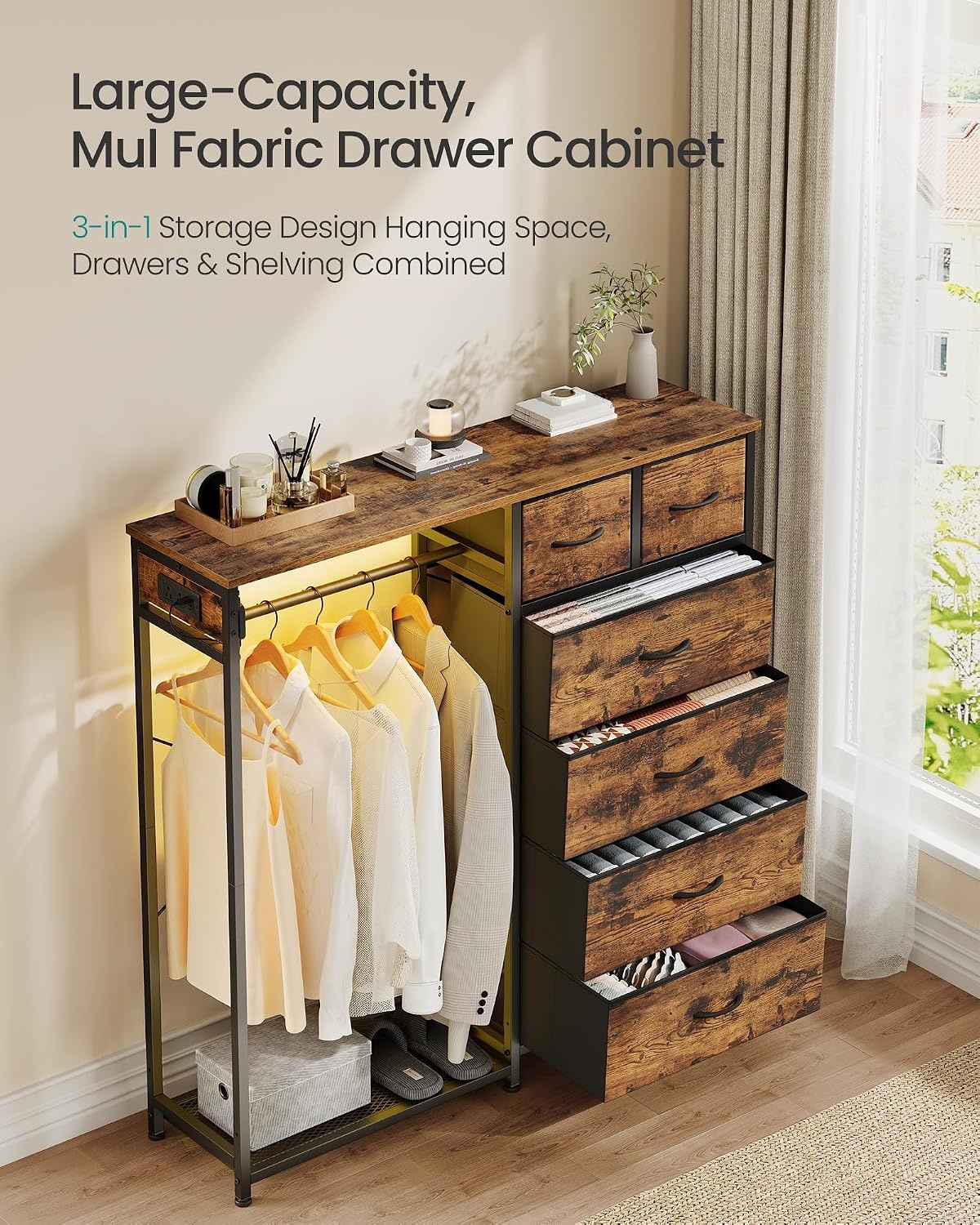 image:imageSONGMICS Dresser with Hanging Rod Closet Organizer with 6 Fabric DrawersRustic Brown