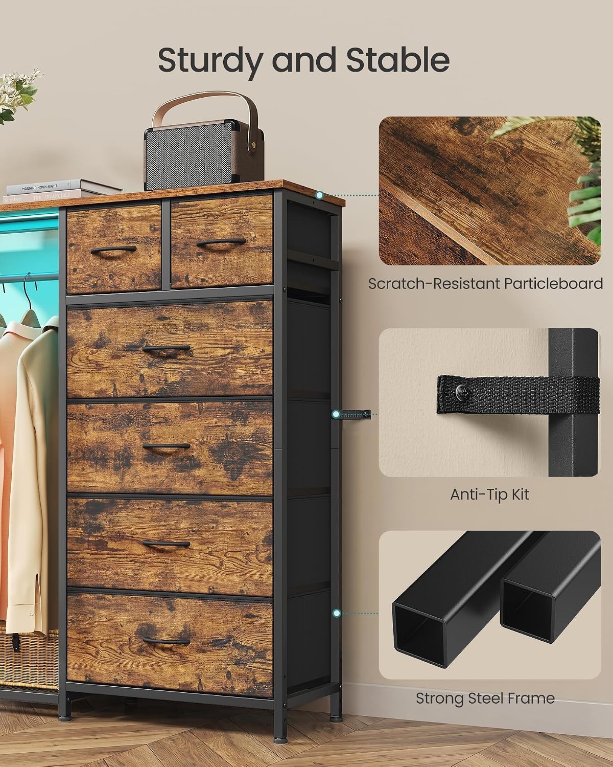 image:imageSONGMICS Dresser with Hanging Rod Closet Organizer with 6 Fabric DrawersRustic Brown