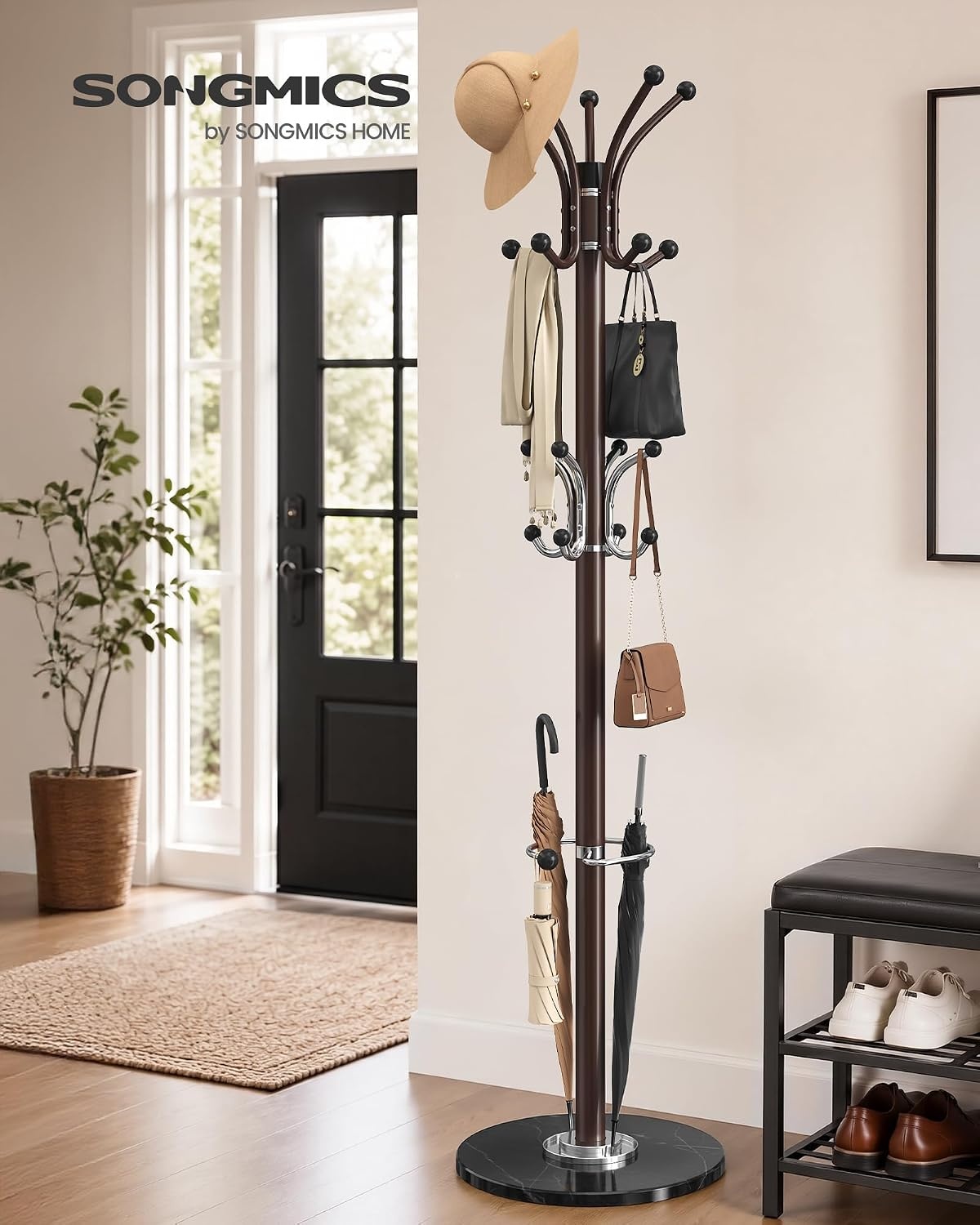 image:imageSONGMICS Freestanding Coat Rack 16 Hooks Steel Coat Tree with Marble BaseBurgundy