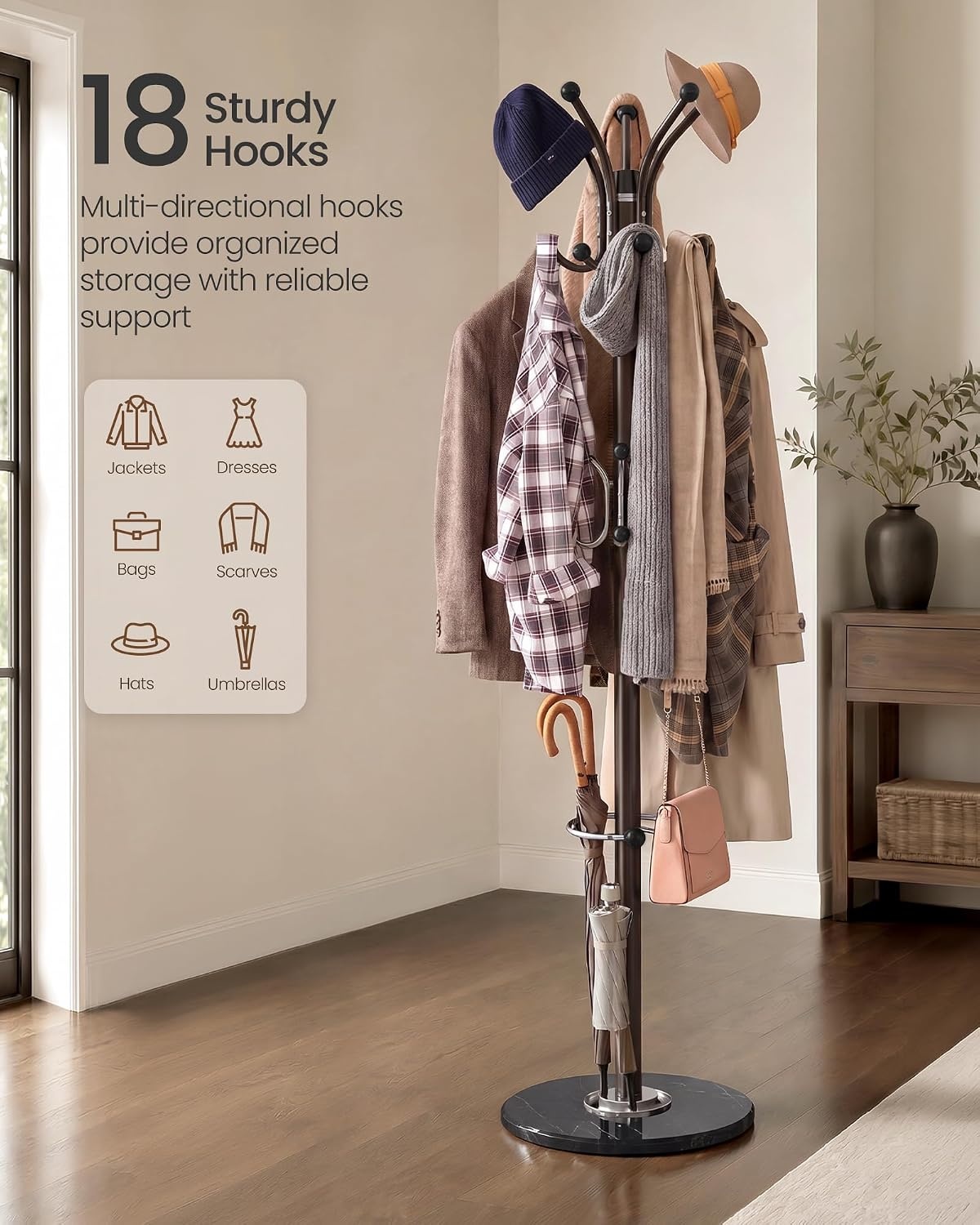 image:imageSONGMICS Freestanding Coat Rack 16 Hooks Steel Coat Tree with Marble BaseBurgundy