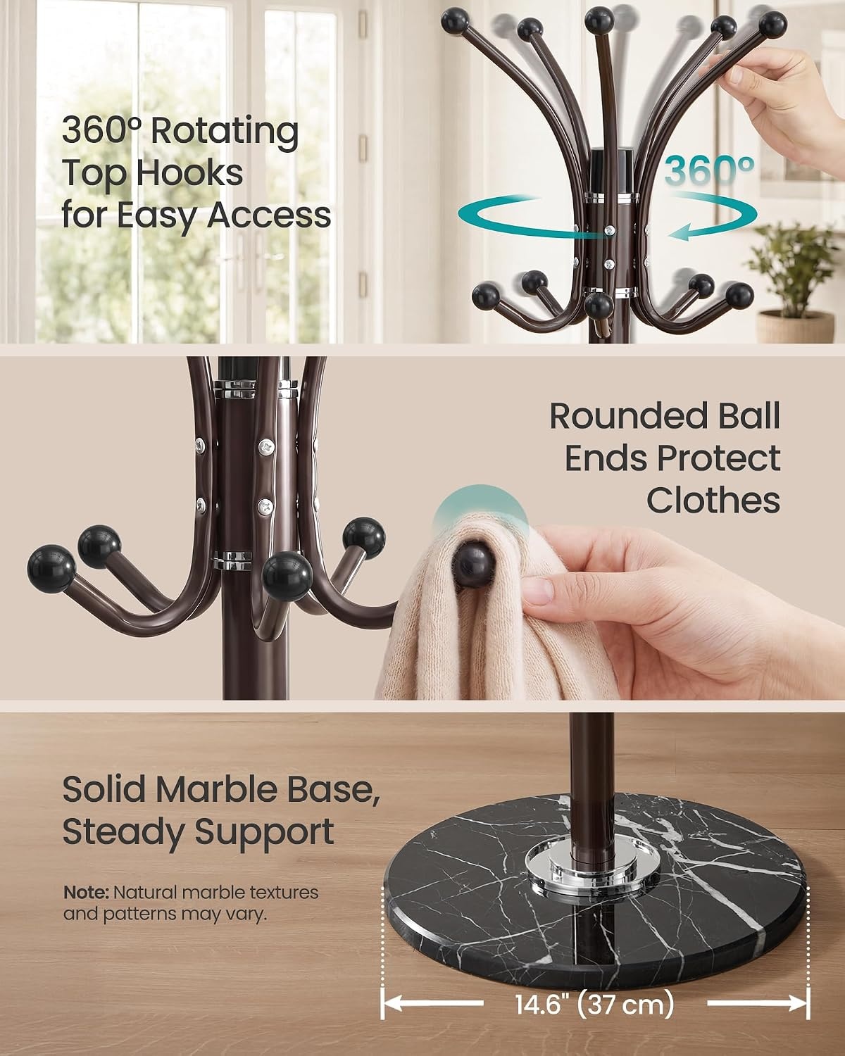 image:imageSONGMICS Freestanding Coat Rack 16 Hooks Steel Coat Tree with Marble BaseBurgundy