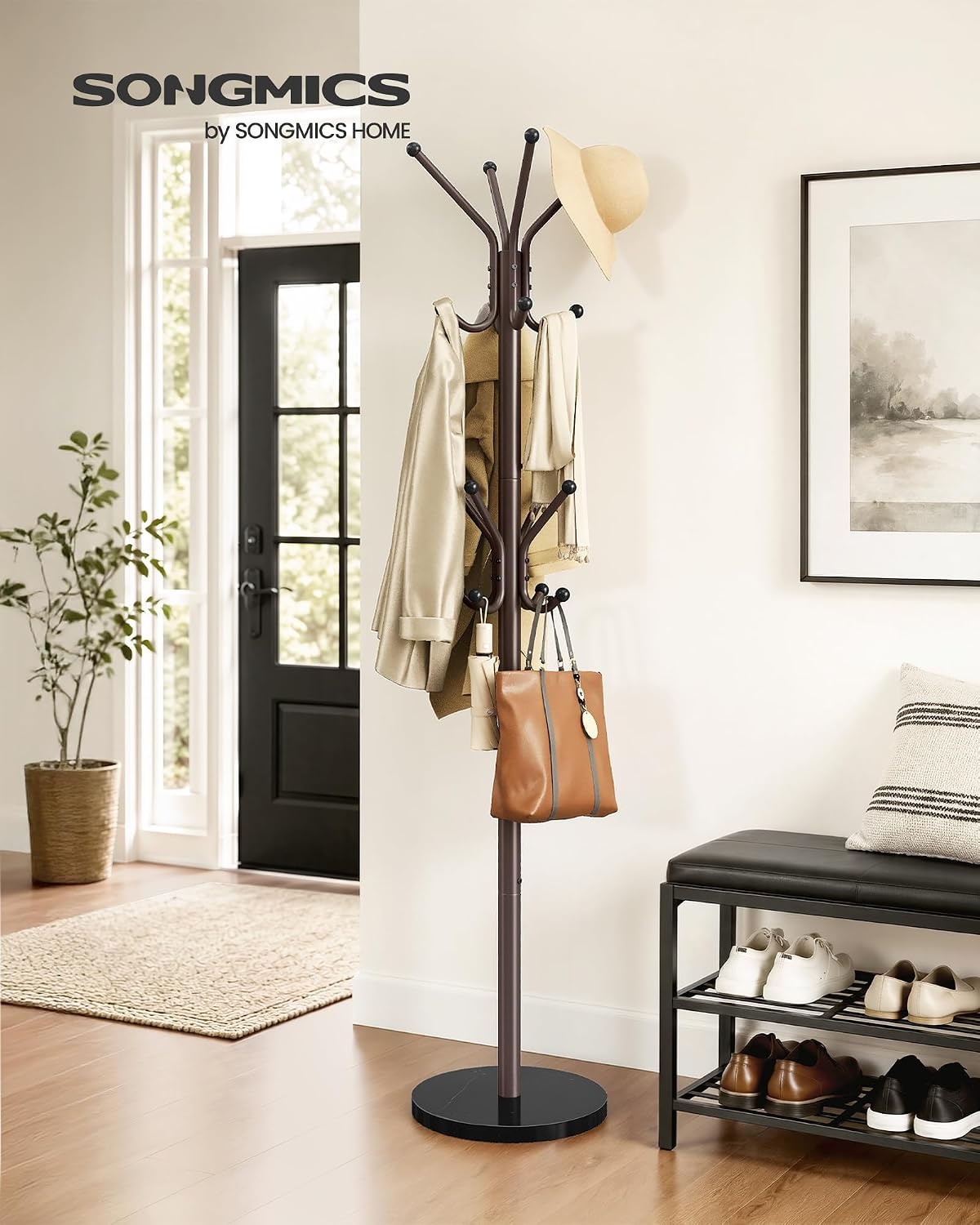 image:imageSONGMICS Freestanding Coat Rack 16 Hooks Steel Coat Tree with Marble BaseBurgundy