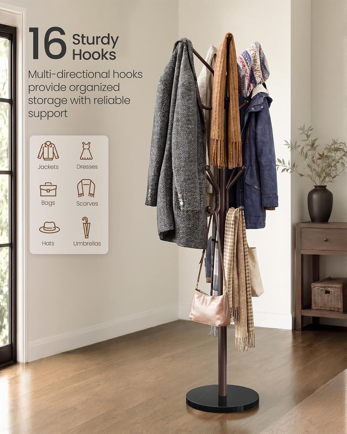 image:imageSONGMICS Freestanding Coat Rack 16 Hooks Steel Coat Tree with Marble BaseBurgundy