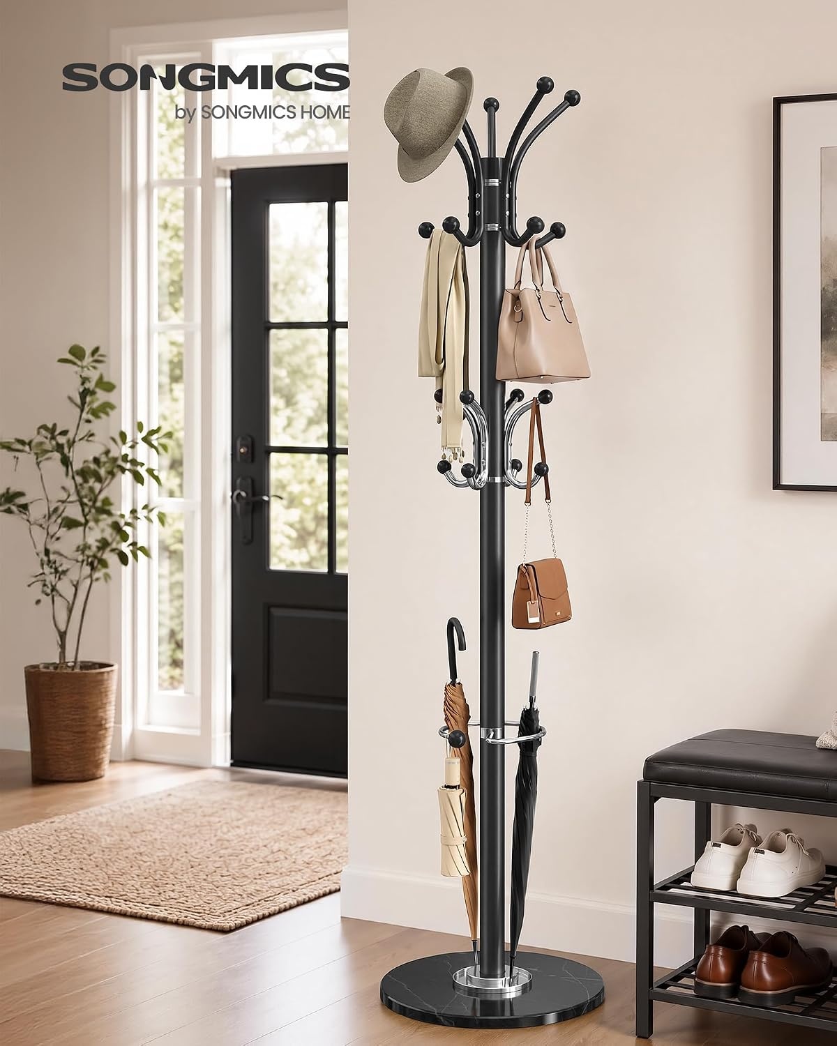 image:imageSONGMICS Freestanding Coat Rack 16 Hooks Steel Coat Tree with Marble BaseInk Black