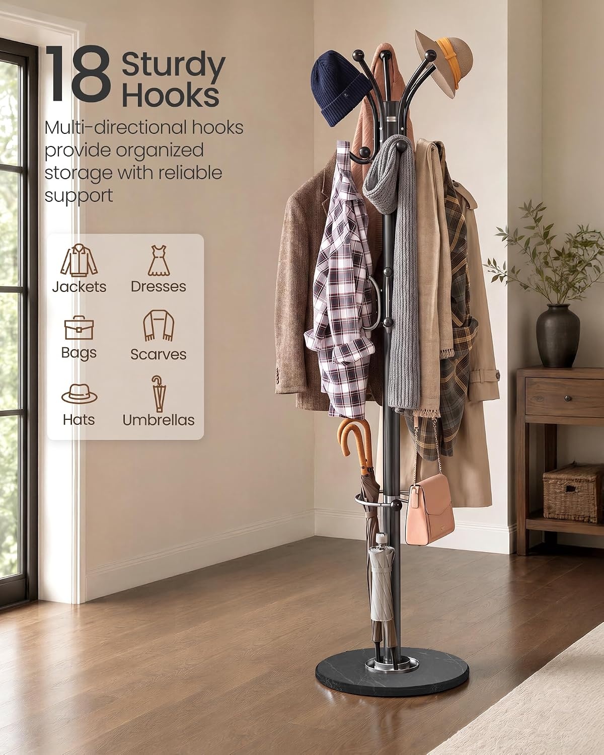image:imageSONGMICS Freestanding Coat Rack 16 Hooks Steel Coat Tree with Marble BaseInk Black