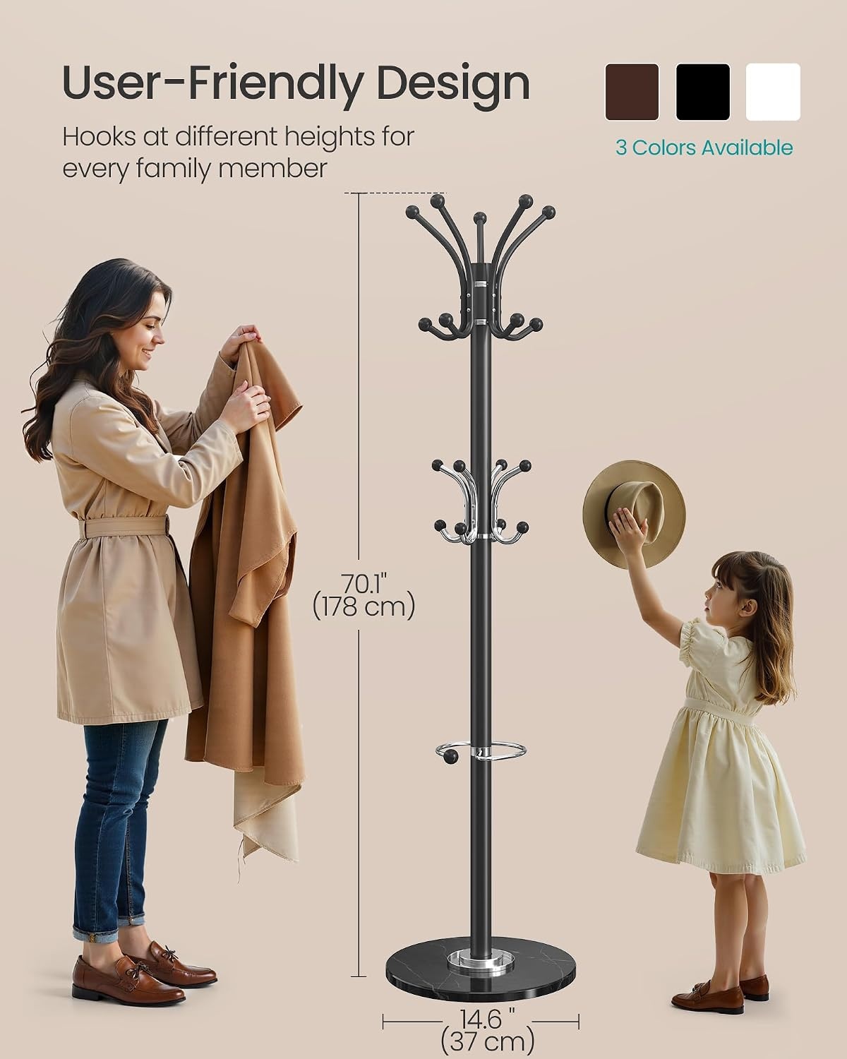 image:imageSONGMICS Freestanding Coat Rack 16 Hooks Steel Coat Tree with Marble BaseInk Black