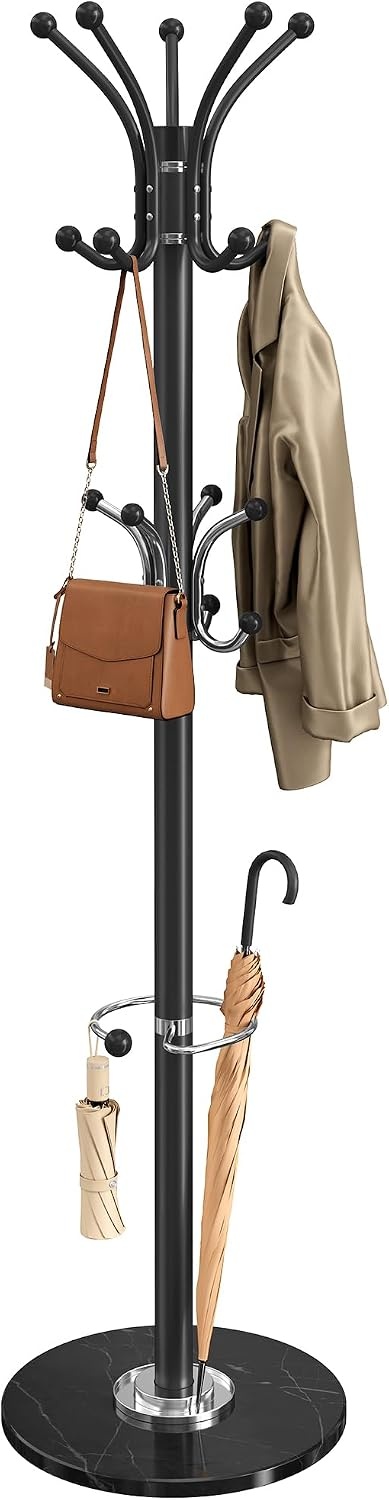 image:imageSONGMICS Freestanding Coat Rack 16 Hooks Steel Coat Tree with Marble BaseInk Black