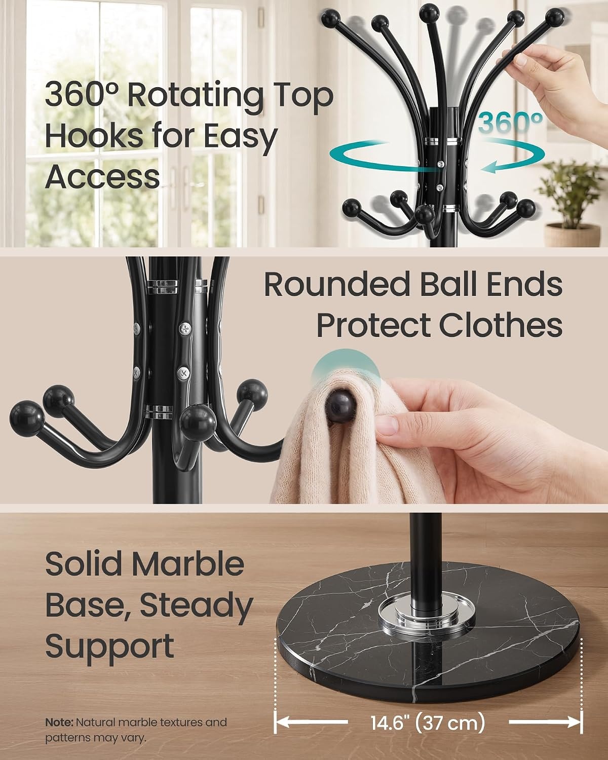 image:imageSONGMICS Freestanding Coat Rack 16 Hooks Steel Coat Tree with Marble BaseInk Black