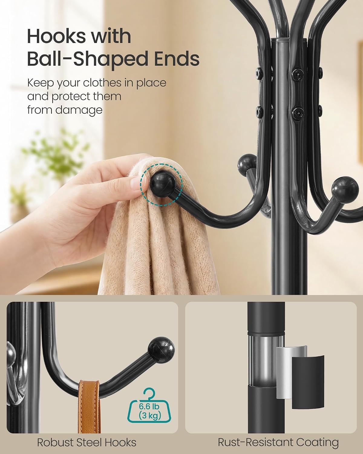 image:imageSONGMICS Freestanding Coat Rack 16 Hooks Steel Coat Tree with Marble BaseInk Black
