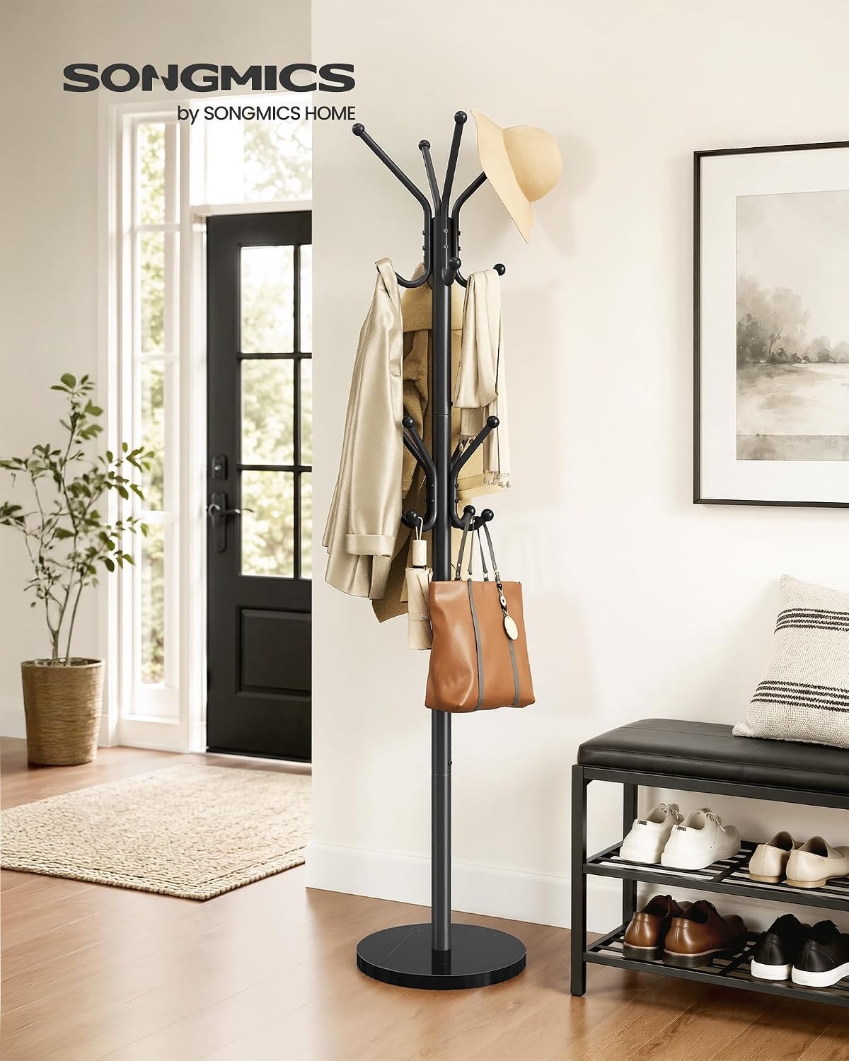 image:imageSONGMICS Freestanding Coat Rack 16 Hooks Steel Coat Tree with Marble BaseInk Black