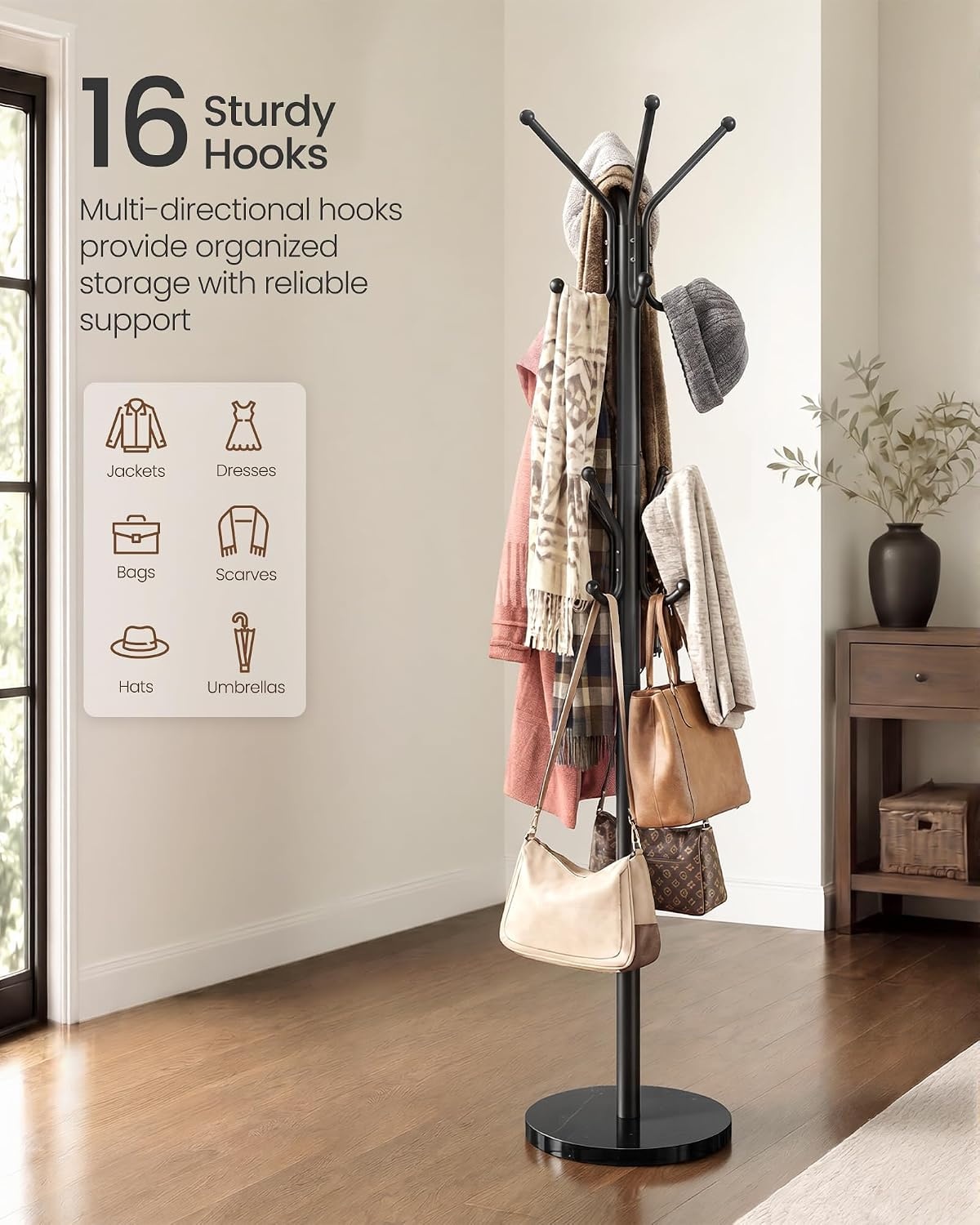 image:imageSONGMICS Freestanding Coat Rack 16 Hooks Steel Coat Tree with Marble BaseInk Black