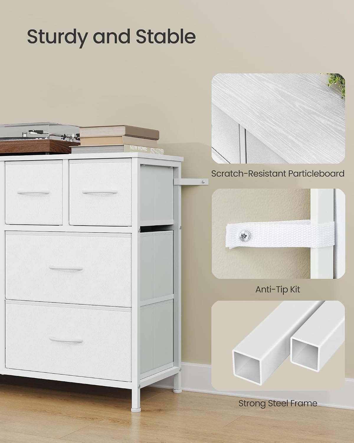 image:imageSONGMICS Tall Dresser for Bedroom 5 Fabric Drawers with Steel FrameCloud White