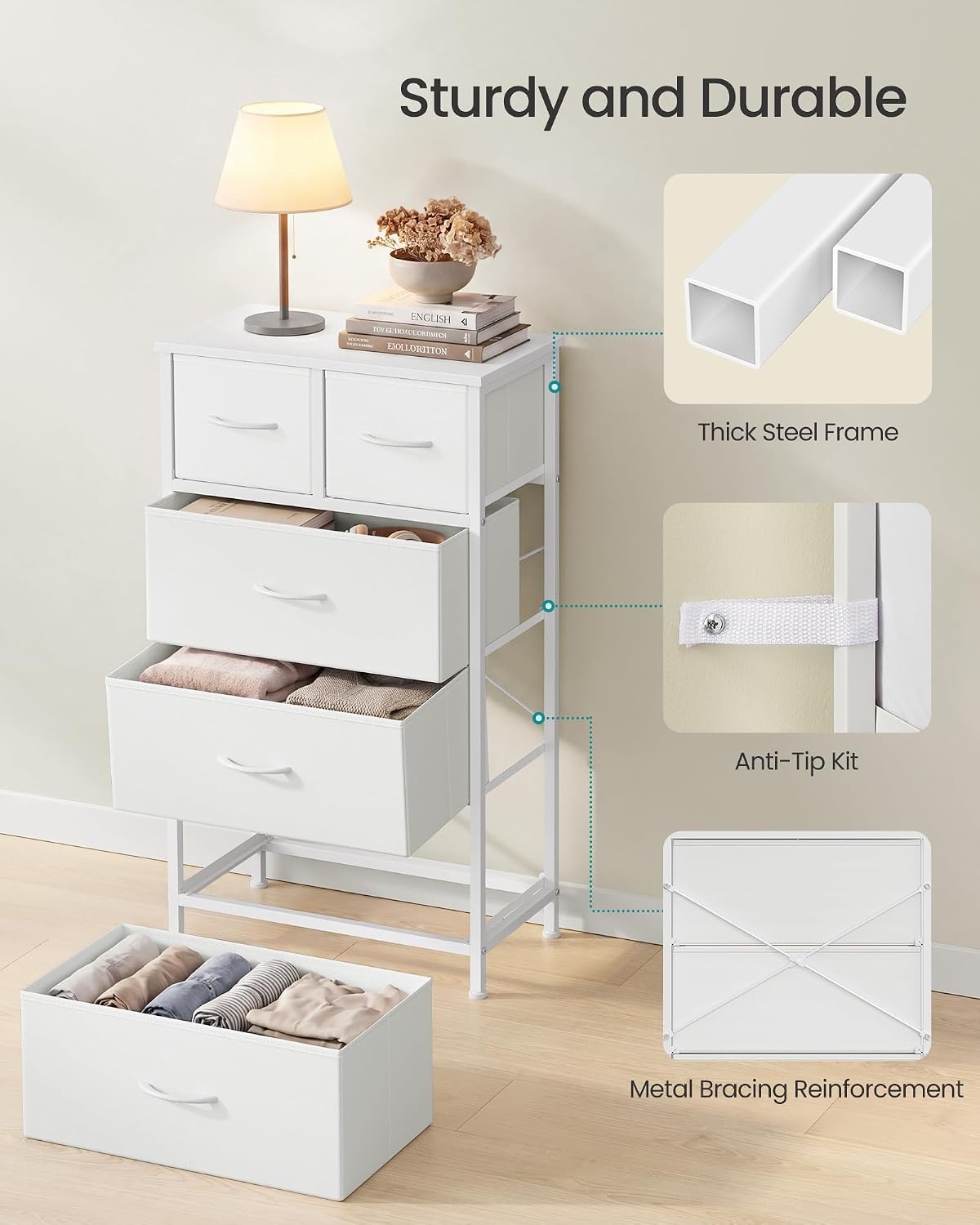 image:imageSONGMICS Tall Dresser for Bedroom 5 Fabric Drawers with Steel FrameCloud White