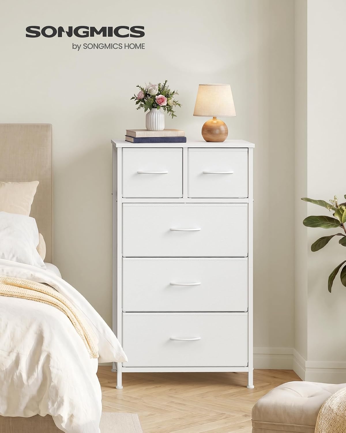 image:imageSONGMICS Tall Dresser for Bedroom 5 Fabric Drawers with Steel FrameCloud White