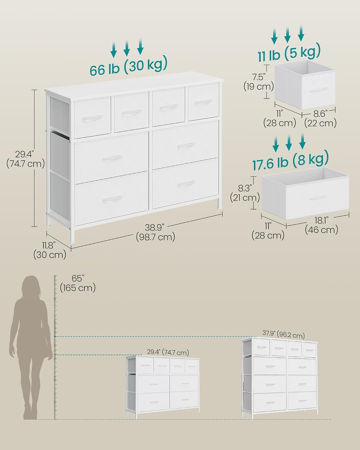 image:imageSONGMICS Tall Dresser for Bedroom 5 Fabric Drawers with Steel FrameCloud White