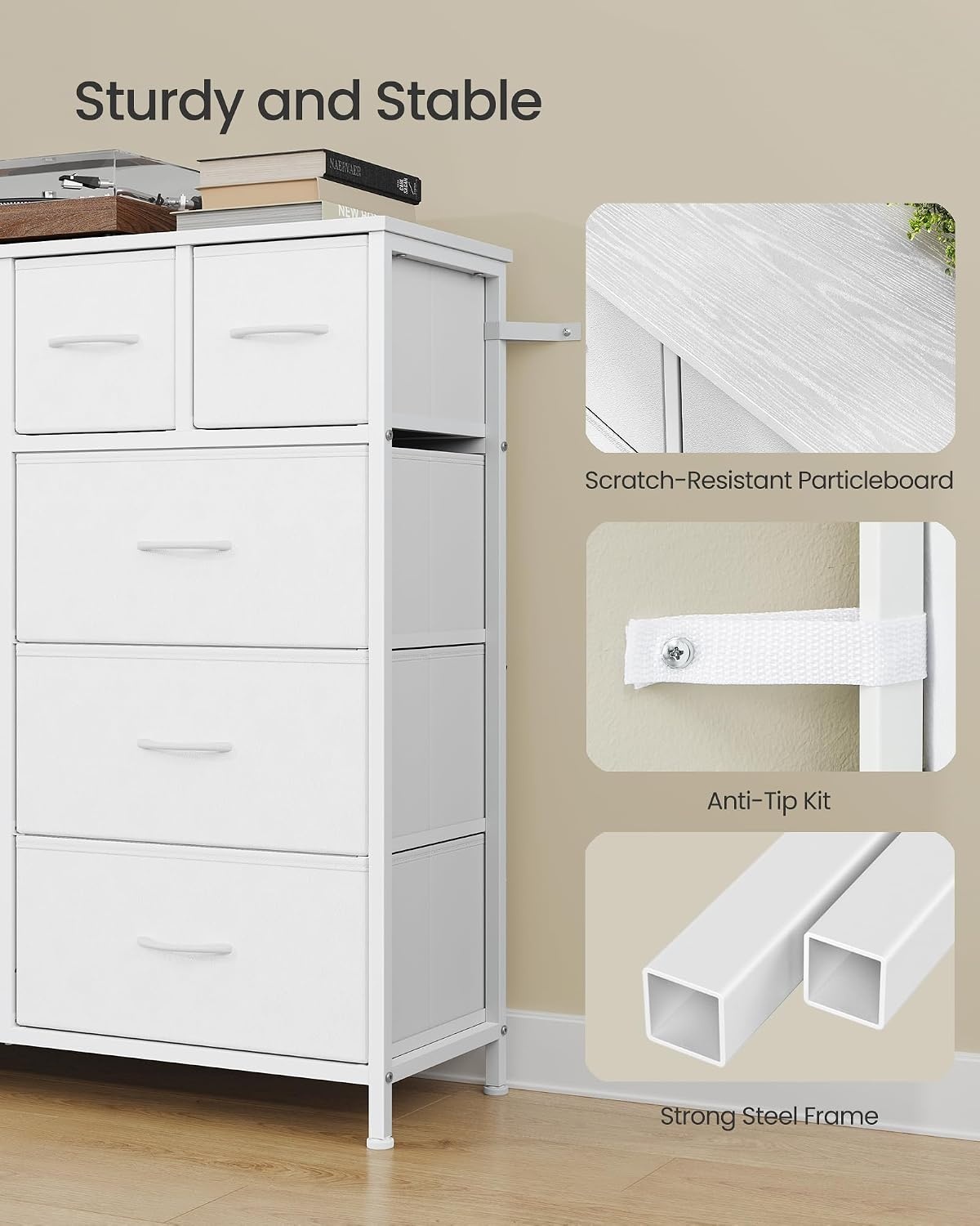 image:imageSONGMICS Tall Dresser for Bedroom 5 Fabric Drawers with Steel FrameCloud White
