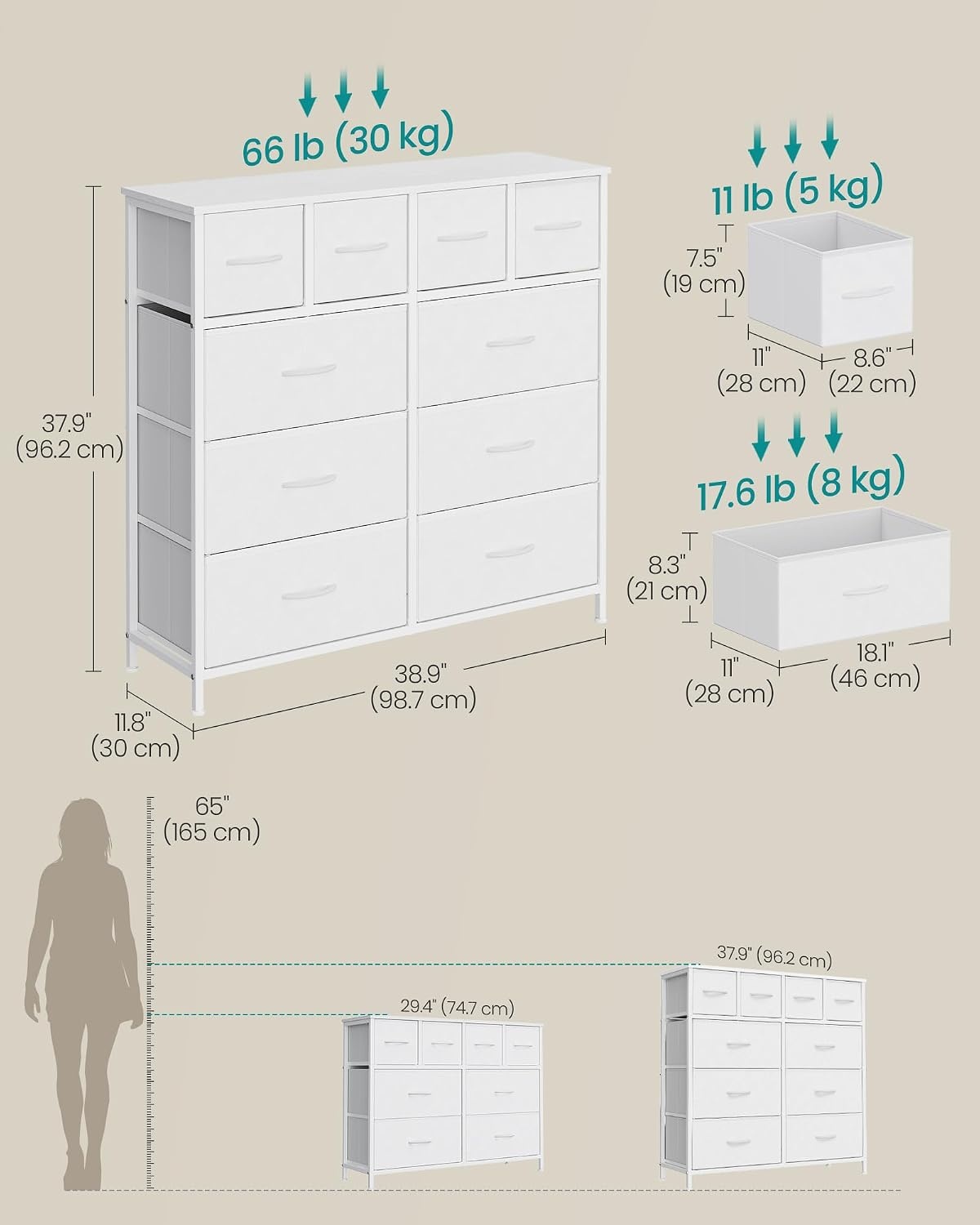 image:imageSONGMICS Tall Dresser for Bedroom 5 Fabric Drawers with Steel FrameCloud White