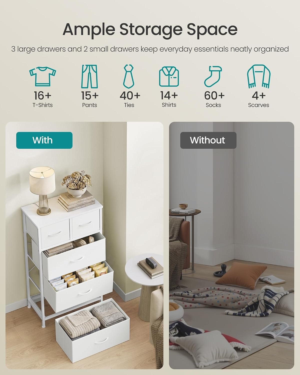 image:imageSONGMICS Tall Dresser for Bedroom 5 Fabric Drawers with Steel FrameCloud White