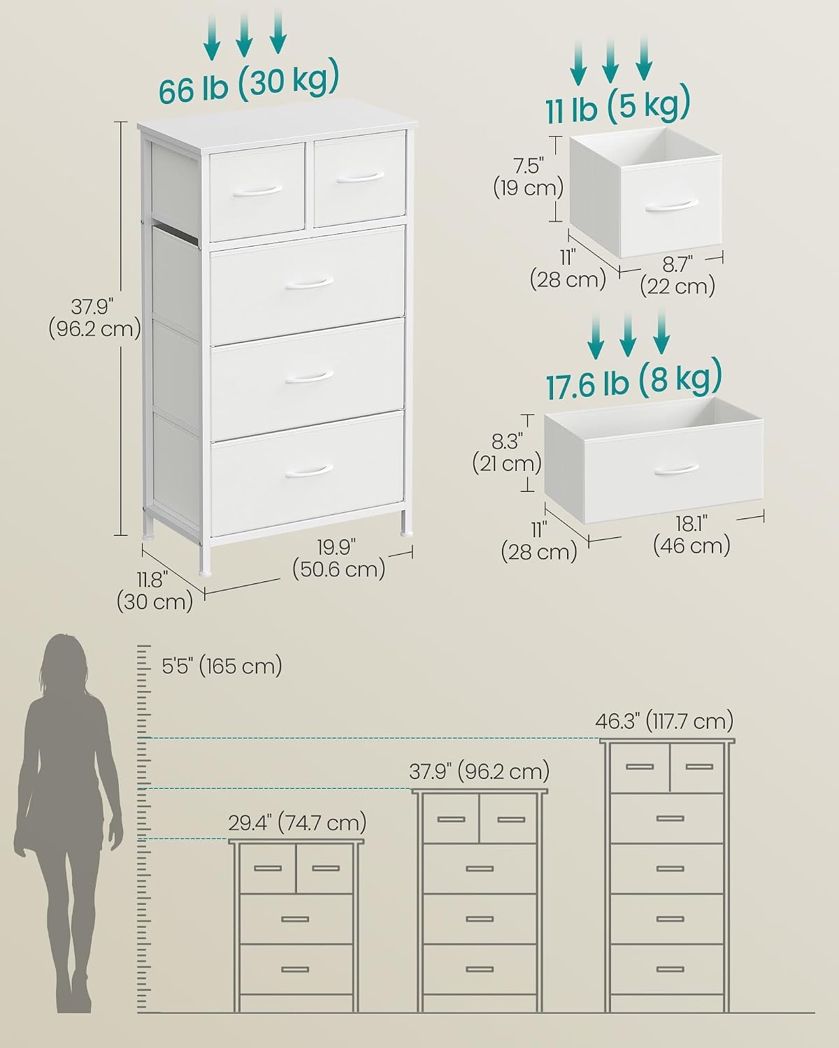 image:imageSONGMICS Tall Dresser for Bedroom 5 Fabric Drawers with Steel FrameCloud White