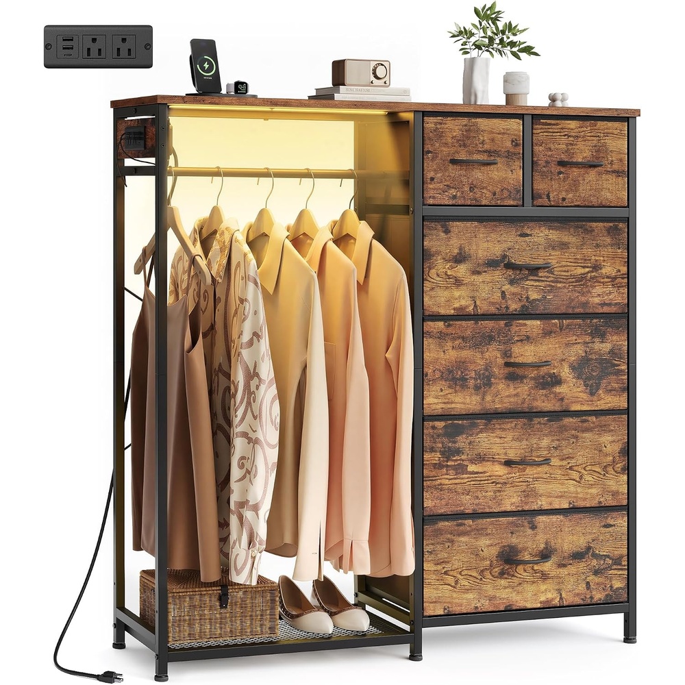 image:imageSONGMICS Dresser with Hanging Rod Closet Organizer with 6 Fabric DrawersRustic Brown