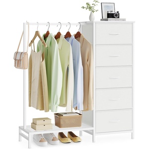 SONGMICS Dresser with Hanging Rod, 5 Fabric Drawers, Bottom Shelf(Cloud White)