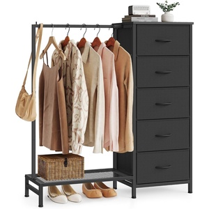 SONGMICS Dresser with Hanging Rod, 5 Fabric Drawers, Bottom Shelf(Ink Black)