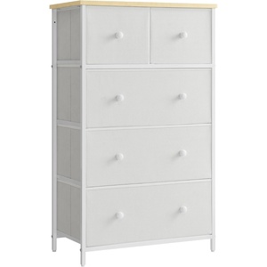 SONGMICS Dresser with Hanging Rod, 5 Fabric Drawers, Bottom Shelf(White + Oak)