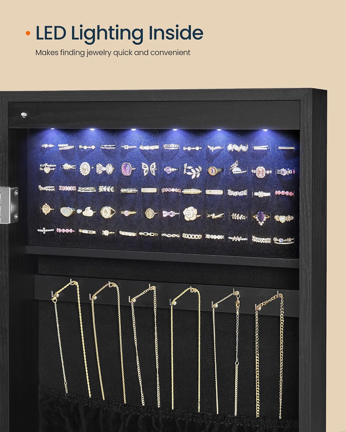 image:imageSONGMICS HOME Mirror Jewelry Cabinet Lockable Hanging Jewelry Organizer with FullLength Mirror Door or Wall Mounted Storage Cabinet Interior LED Lights BlackBlack