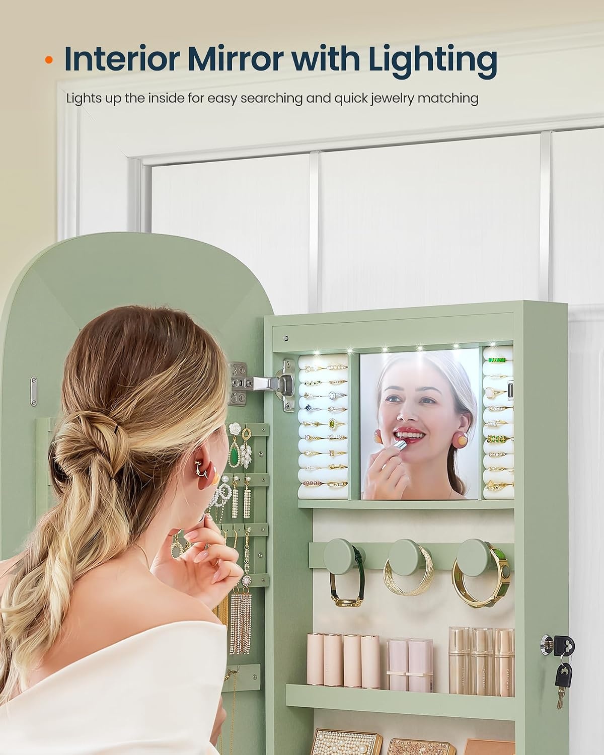 image:imageSONGMICS HOME Mirror Jewelry Cabinet Lockable Hanging Jewelry Organizer with FullLength Mirror Door or Wall Mounted Storage Cabinet Interior LED Lights BlackGreen