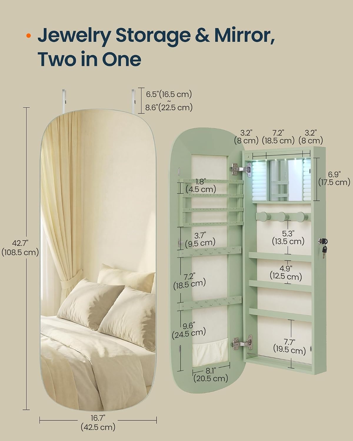 image:imageSONGMICS HOME Mirror Jewelry Cabinet Lockable Hanging Jewelry Organizer with FullLength Mirror Door or Wall Mounted Storage Cabinet Interior LED Lights BlackGreen