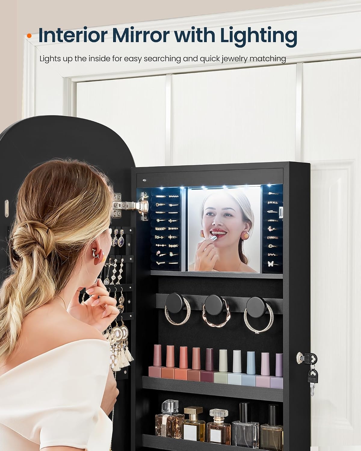 image:imageSONGMICS HOME Mirror Jewelry Cabinet Lockable Hanging Jewelry Organizer with FullLength Mirror Door or Wall Mounted Storage Cabinet Interior LED Lights BlackBlack