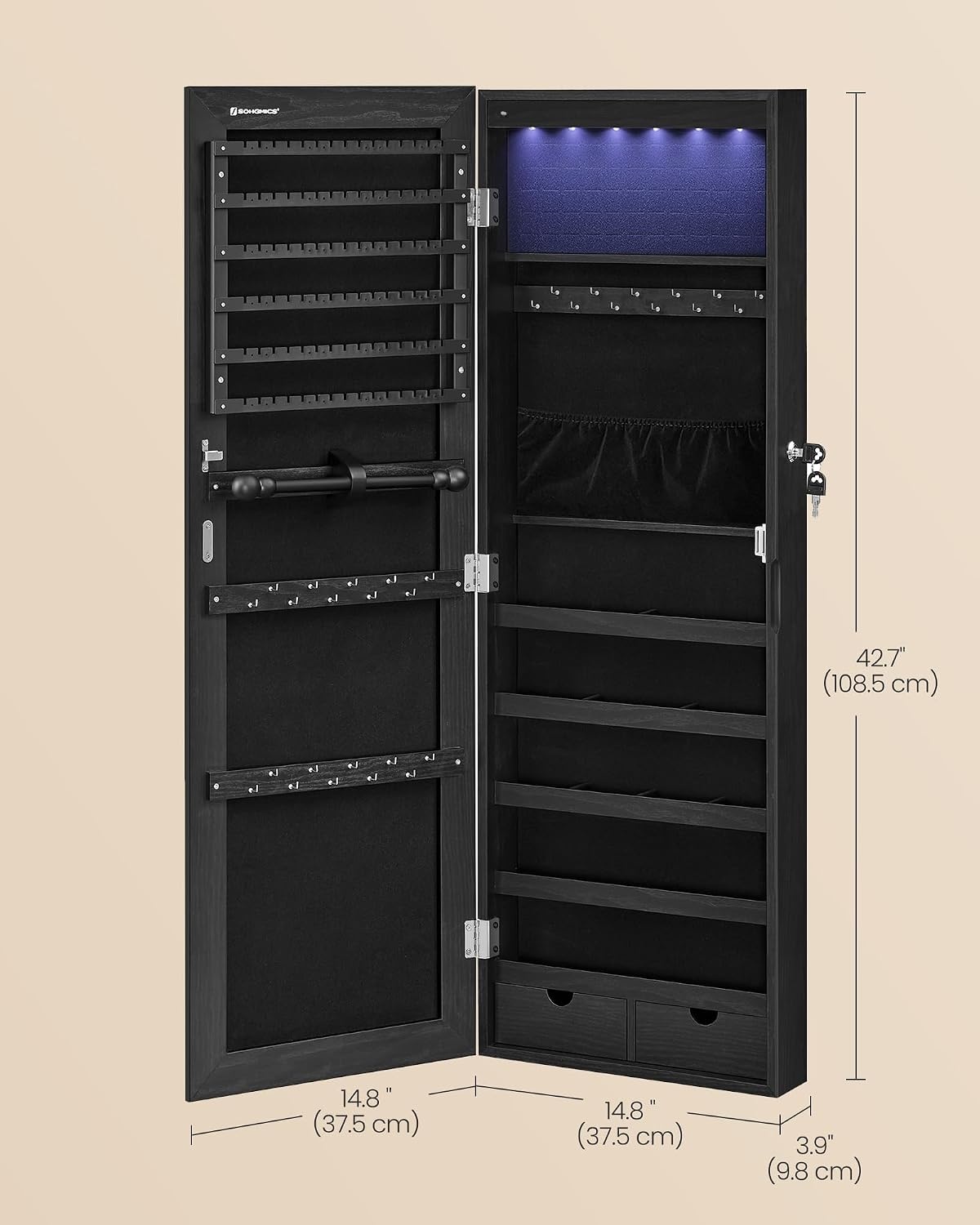 image:imageSONGMICS HOME Mirror Jewelry Cabinet Lockable Hanging Jewelry Organizer with FullLength Mirror Door or Wall Mounted Storage Cabinet Interior LED Lights BlackBlack