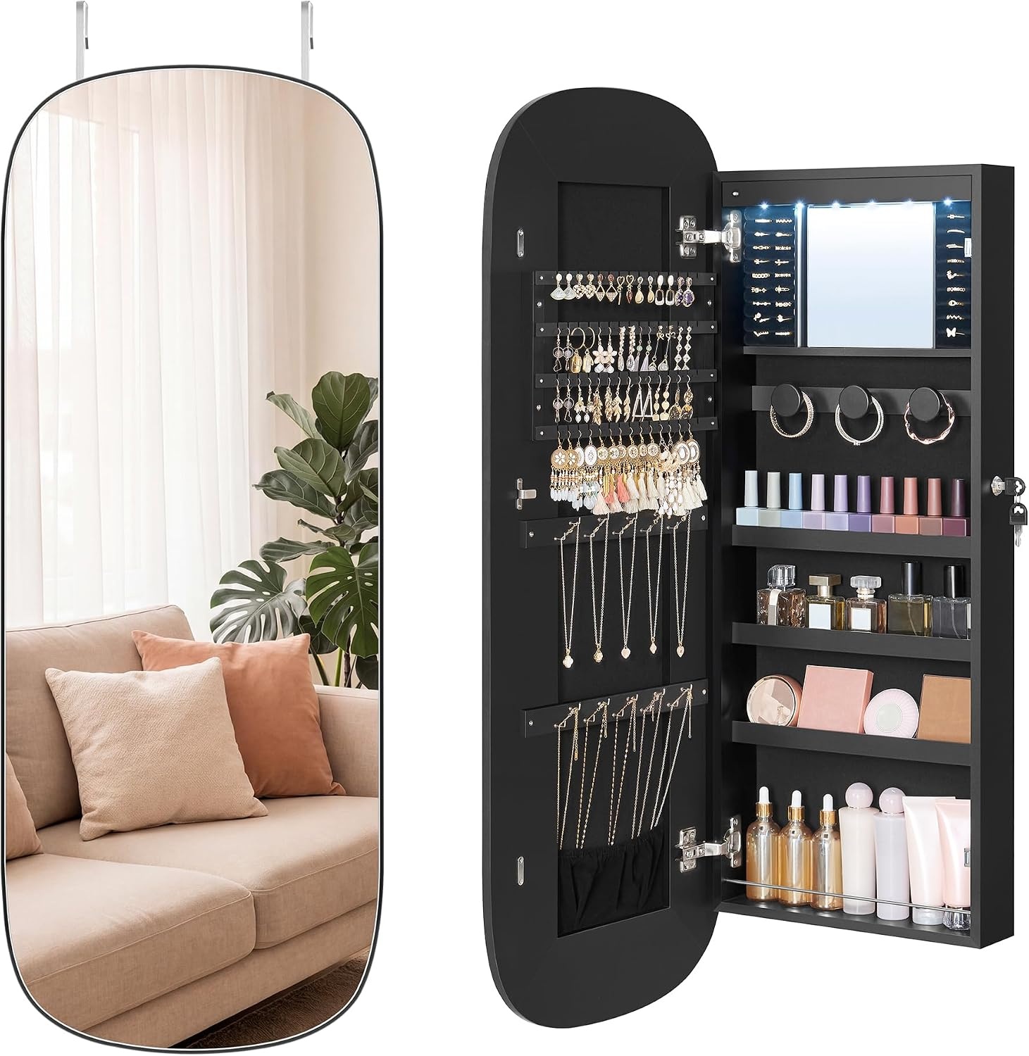 image:imageSONGMICS HOME Mirror Jewelry Cabinet Lockable Hanging Jewelry Organizer with FullLength Mirror Door or Wall Mounted Storage Cabinet Interior LED Lights BlackBlack