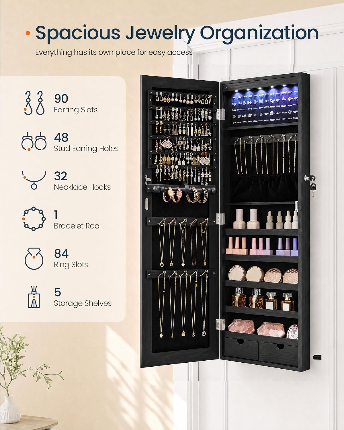 image:imageSONGMICS HOME Mirror Jewelry Cabinet Lockable Hanging Jewelry Organizer with FullLength Mirror Door or Wall Mounted Storage Cabinet Interior LED Lights BlackBlack