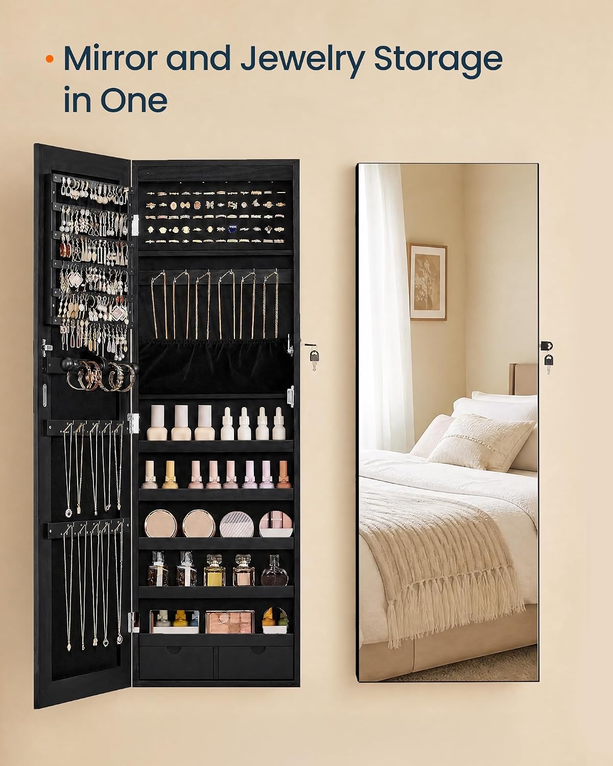 image:imageSONGMICS HOME Mirror Jewelry Cabinet Lockable Hanging Jewelry Organizer with FullLength Mirror Door or Wall Mounted Storage Cabinet Interior LED Lights BlackBlack
