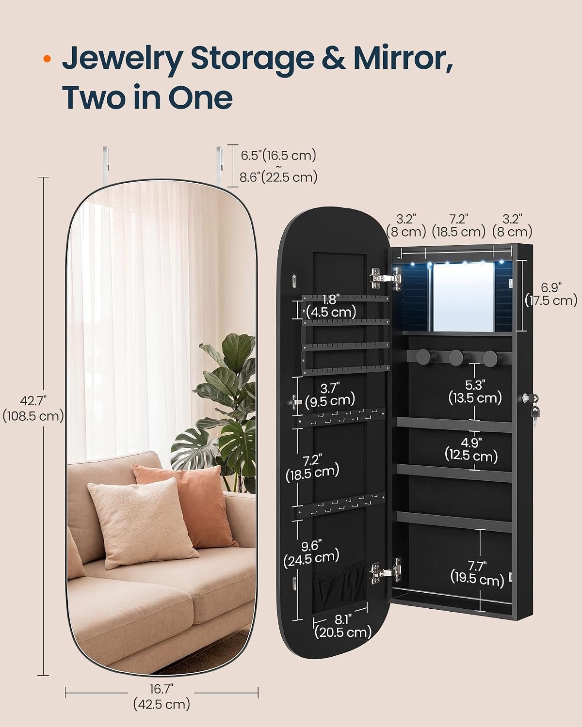 image:imageSONGMICS HOME Mirror Jewelry Cabinet Lockable Hanging Jewelry Organizer with FullLength Mirror Door or Wall Mounted Storage Cabinet Interior LED Lights BlackBlack