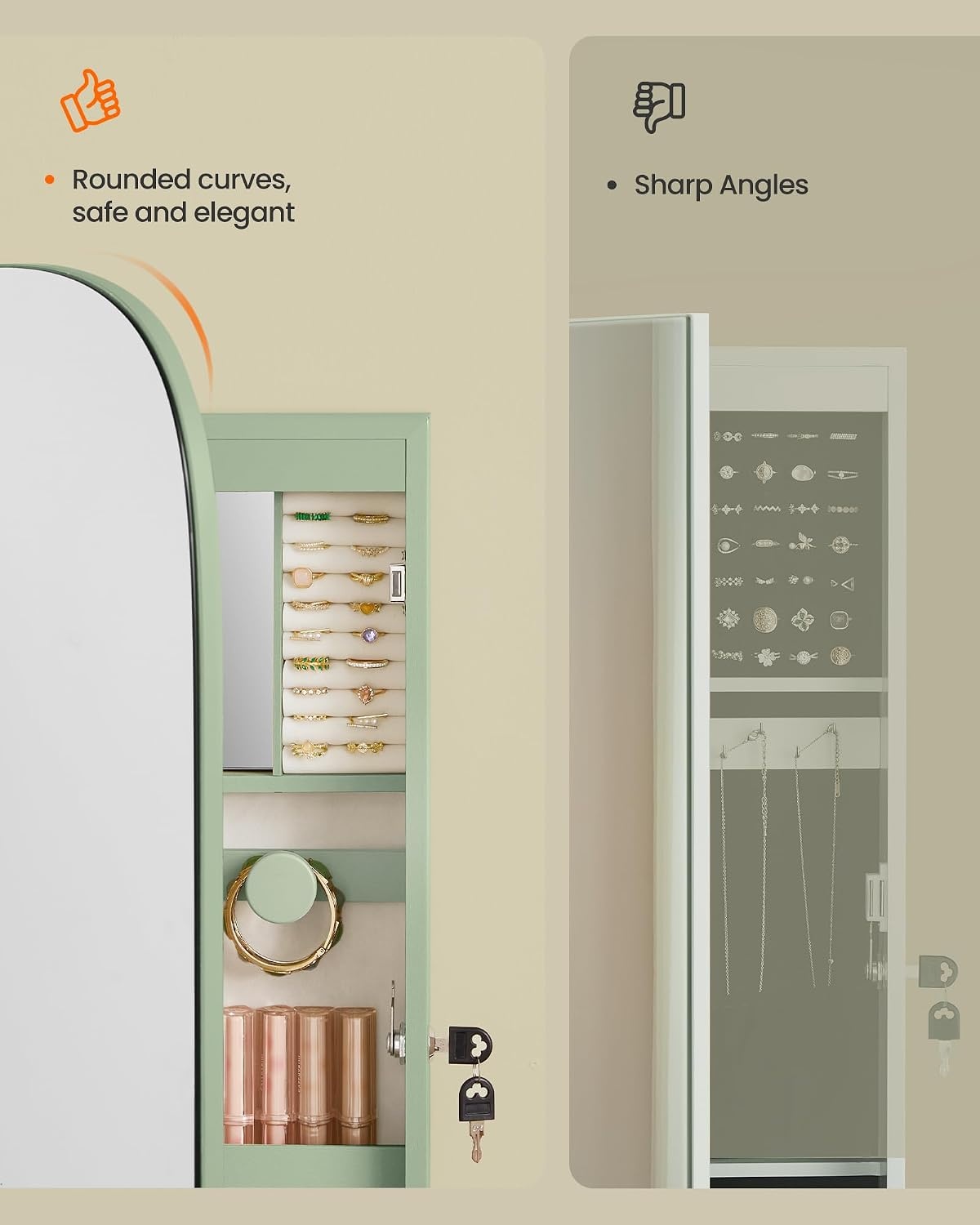 image:imageSONGMICS HOME Mirror Jewelry Cabinet Lockable Hanging Jewelry Organizer with FullLength Mirror Door or Wall Mounted Storage Cabinet Interior LED Lights BlackGreen