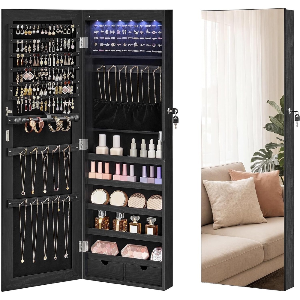 image:imageSONGMICS HOME Mirror Jewelry Cabinet Lockable Hanging Jewelry Organizer with FullLength Mirror Door or Wall Mounted Storage Cabinet Interior LED Lights BlackBlack