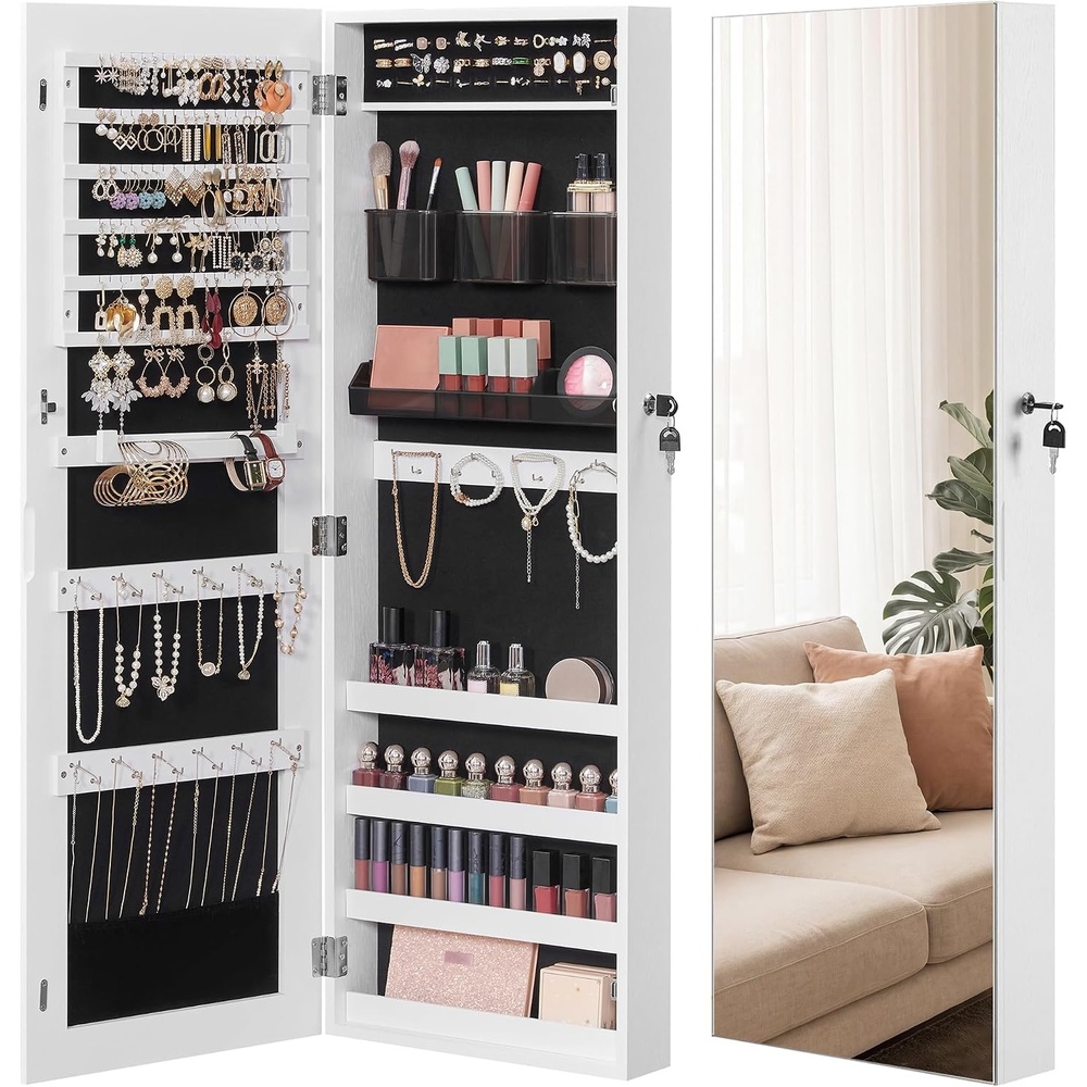 image:imageSONGMICS HOME Mirror Jewelry Cabinet Lockable Hanging Jewelry Organizer with FullLength Mirror Door or Wall Mounted Storage Cabinet Interior LED Lights BlackWhite