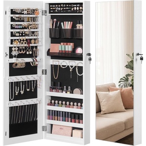 SONGMICS HOME Mirror Jewelry Cabinet, Lockable Hanging Jewelry Organizer with Full-Length Mirror, Door or Wall Mounted Storage Cabinet, Interior LED Lights, Black(White)