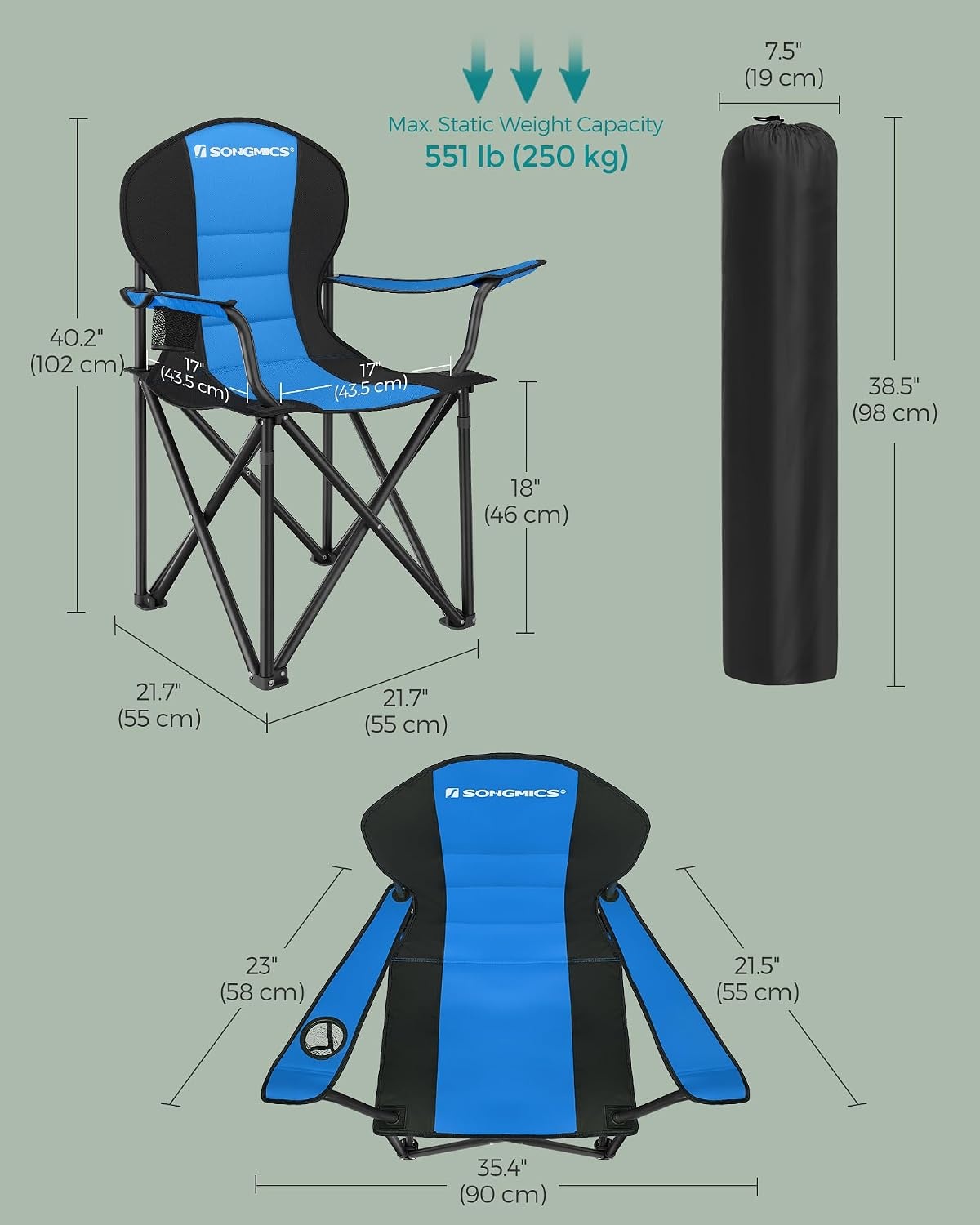 image:imageSONGMICS Camping Chair Steel Frame Supports 3307 lb 2 Storage PocketsBlack Blue