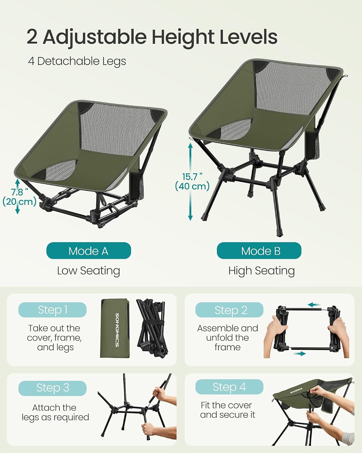 image:imageSONGMICS Camping Chair Steel Frame Supports 3307 lb 2 Storage PocketsGreen