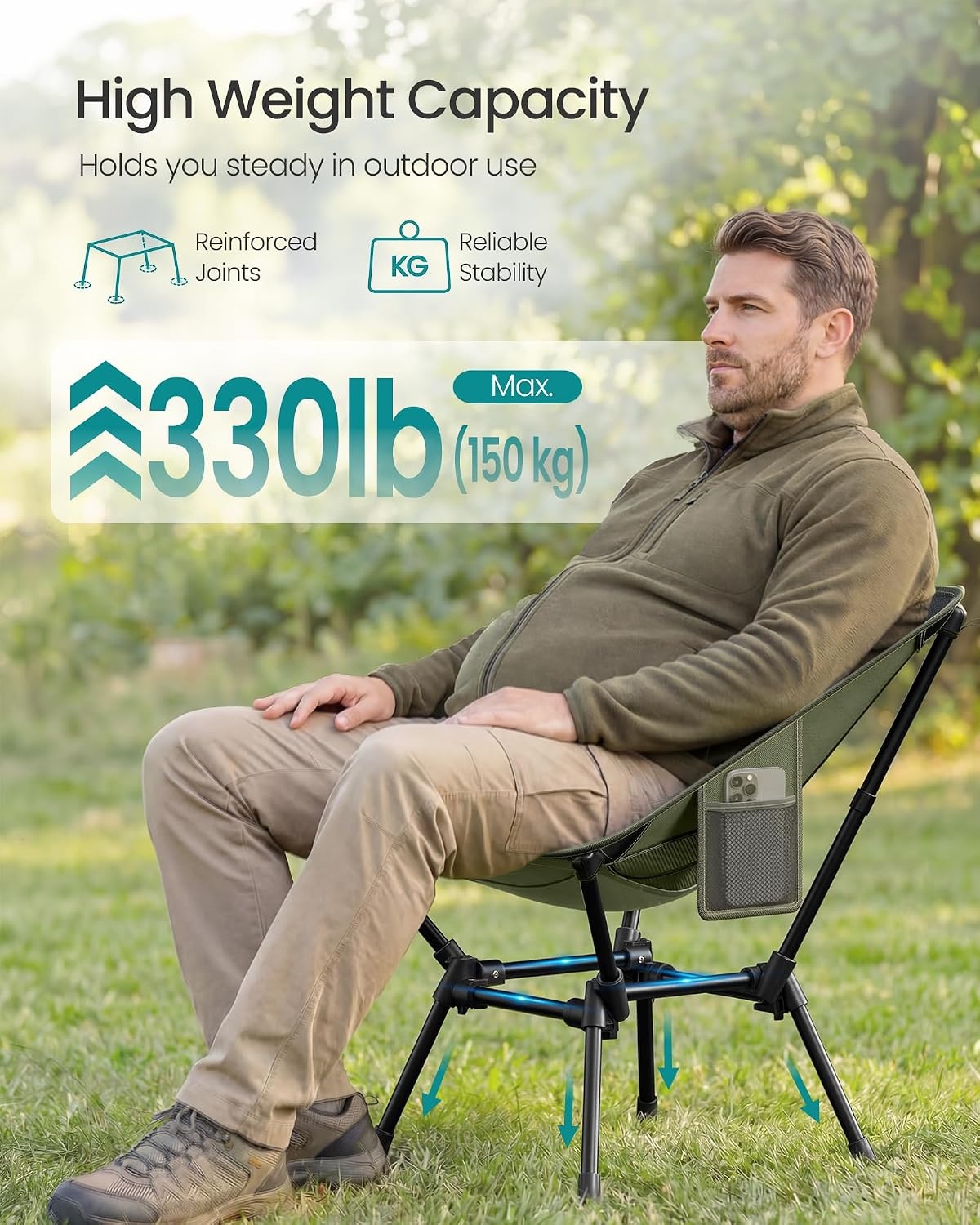 image:imageSONGMICS Camping Chair Steel Frame Supports 3307 lb 2 Storage PocketsGreen