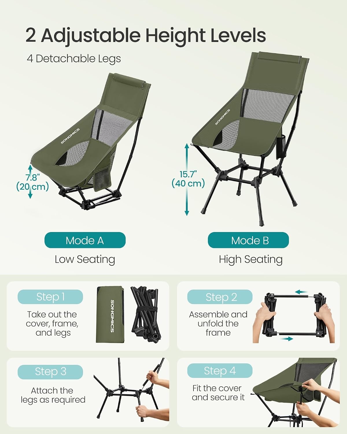 image:imageSONGMICS Camping Chair Steel Frame Supports 3307 lb 2 Storage PocketsGreen