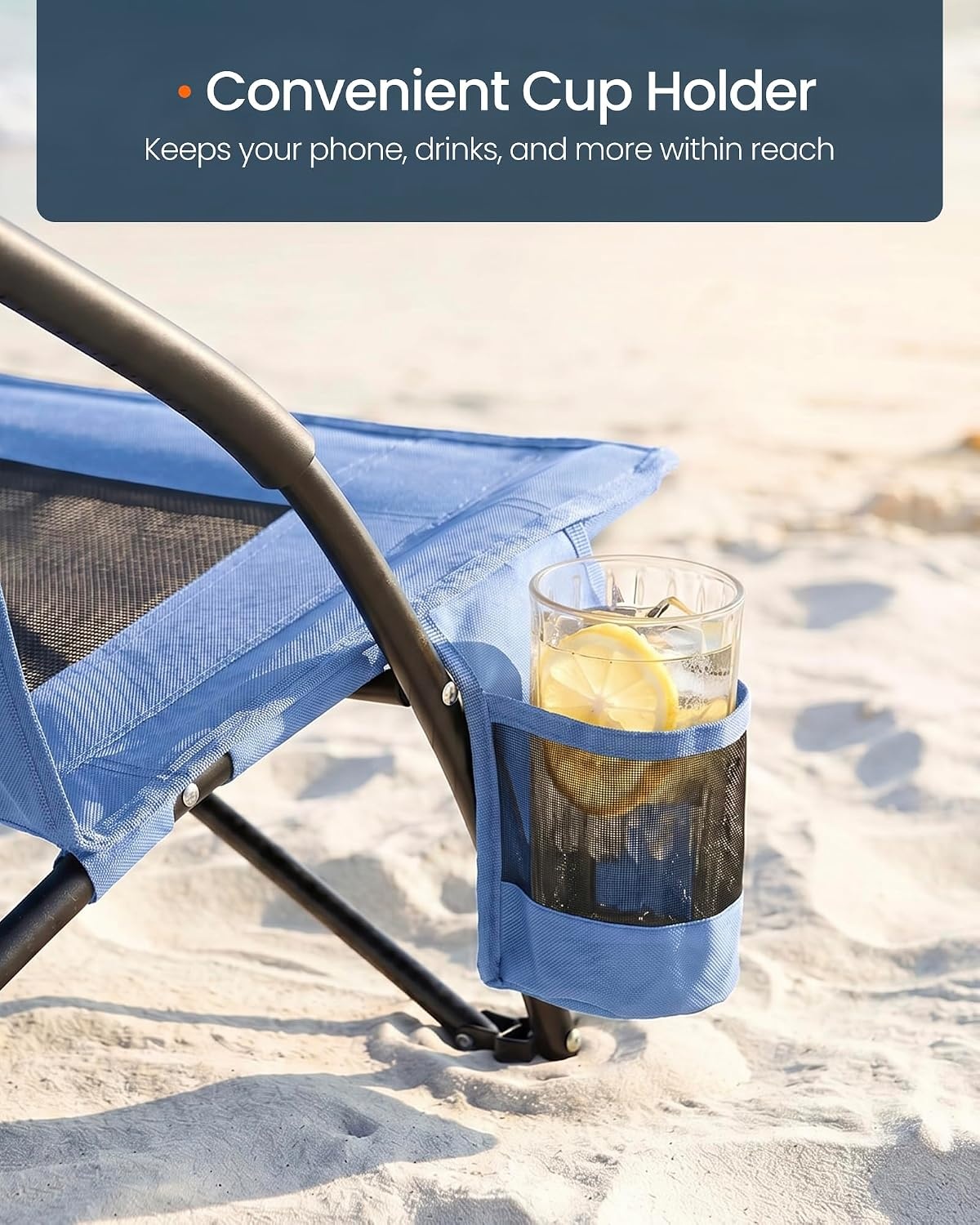 image:imageSONGMICS HOME Portable Beach Chair Folding Camping Chair with High Backrest and Cup Holder Lightweight Outdoor Picnic Seating HeavyDuty Support up to 330 lb Set of 2 BlackLight Blue