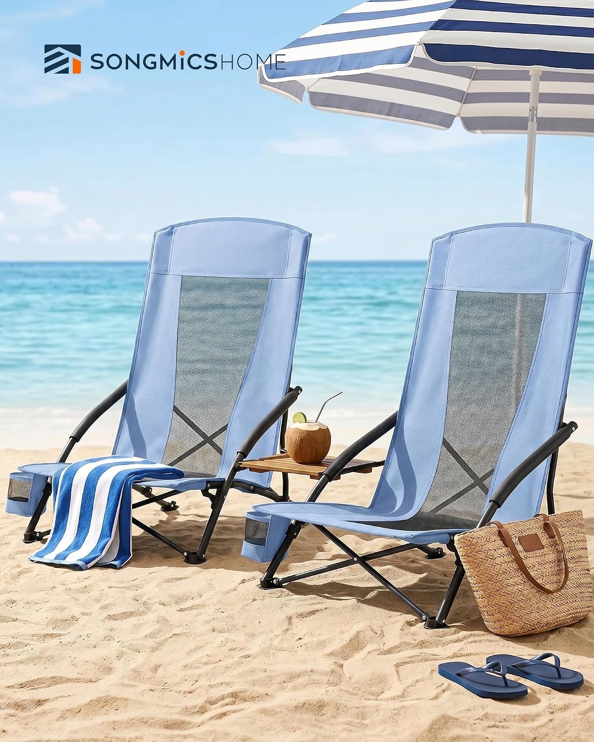 image:imageSONGMICS HOME Portable Beach Chair Folding Camping Chair with High Backrest and Cup Holder Lightweight Outdoor Picnic Seating HeavyDuty Support up to 330 lb Set of 2 BlackLight Blue