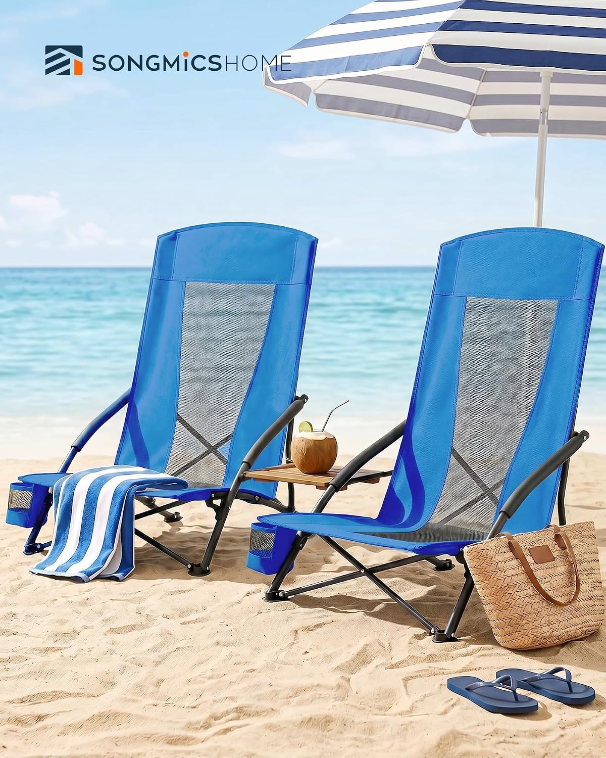 image:imageSONGMICS HOME Portable Beach Chair Folding Camping Chair with High Backrest and Cup Holder Lightweight Outdoor Picnic Seating HeavyDuty Support up to 330 lb Set of 2 BlackBlue