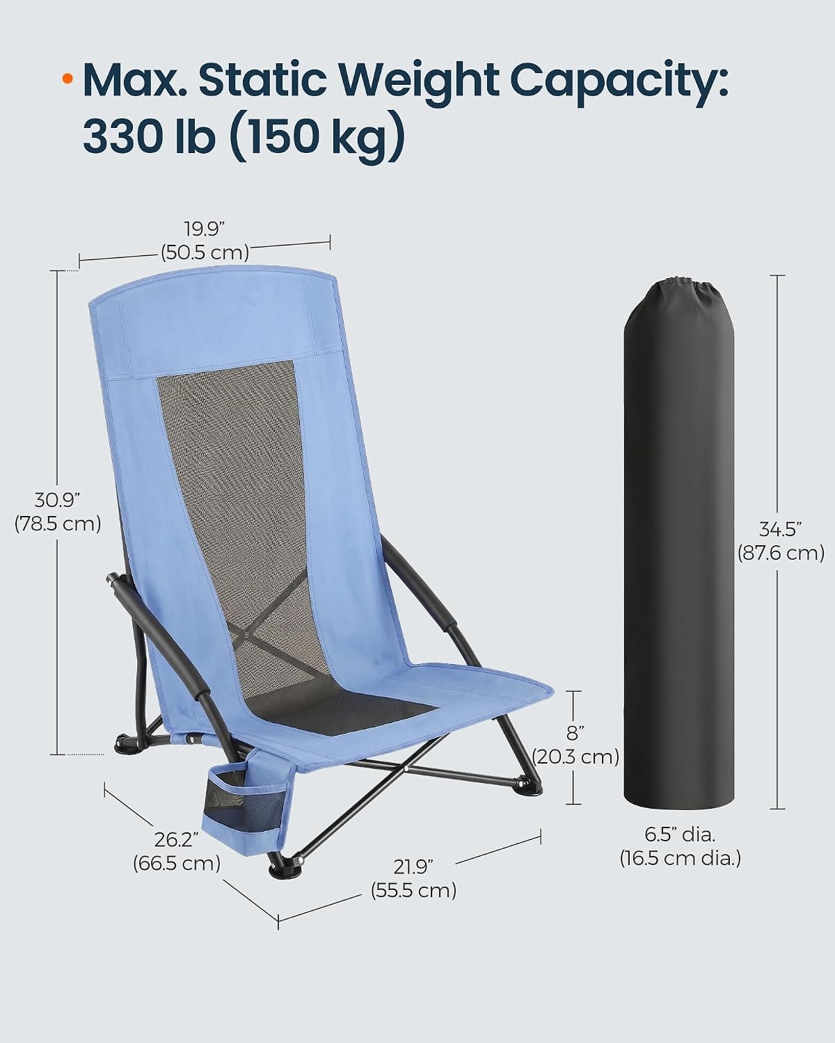image:imageSONGMICS HOME Portable Beach Chair Folding Camping Chair with High Backrest and Cup Holder Lightweight Outdoor Picnic Seating HeavyDuty Support up to 330 lb Set of 2 BlackLight Blue