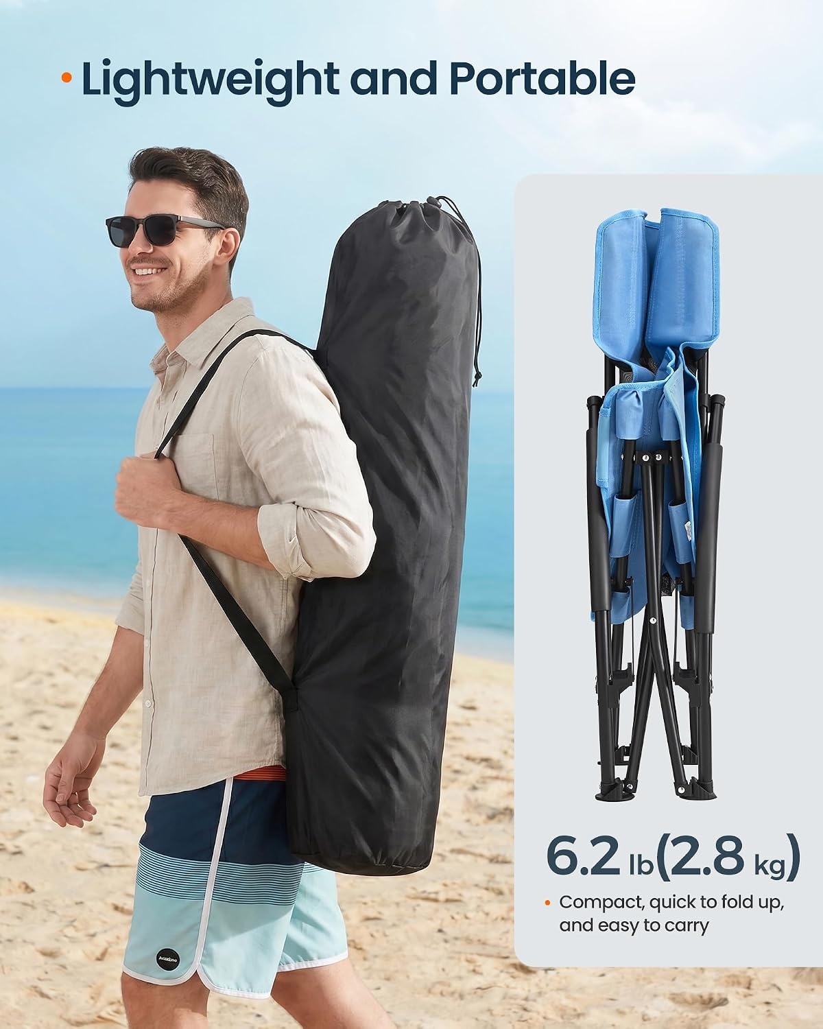 image:imageSONGMICS HOME Portable Beach Chair Folding Camping Chair with High Backrest and Cup Holder Lightweight Outdoor Picnic Seating HeavyDuty Support up to 330 lb Set of 2 BlackLight Blue