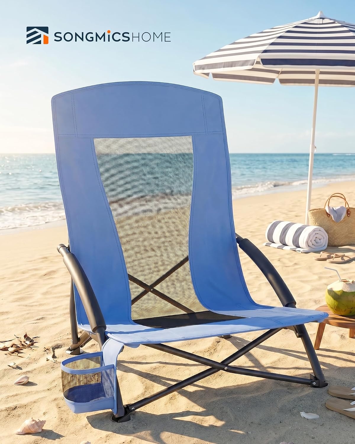 image:imageSONGMICS HOME Portable Beach Chair Folding Camping Chair with High Backrest and Cup Holder Lightweight Outdoor Picnic Seating HeavyDuty Support up to 330 lb Set of 2 BlackLight Blue